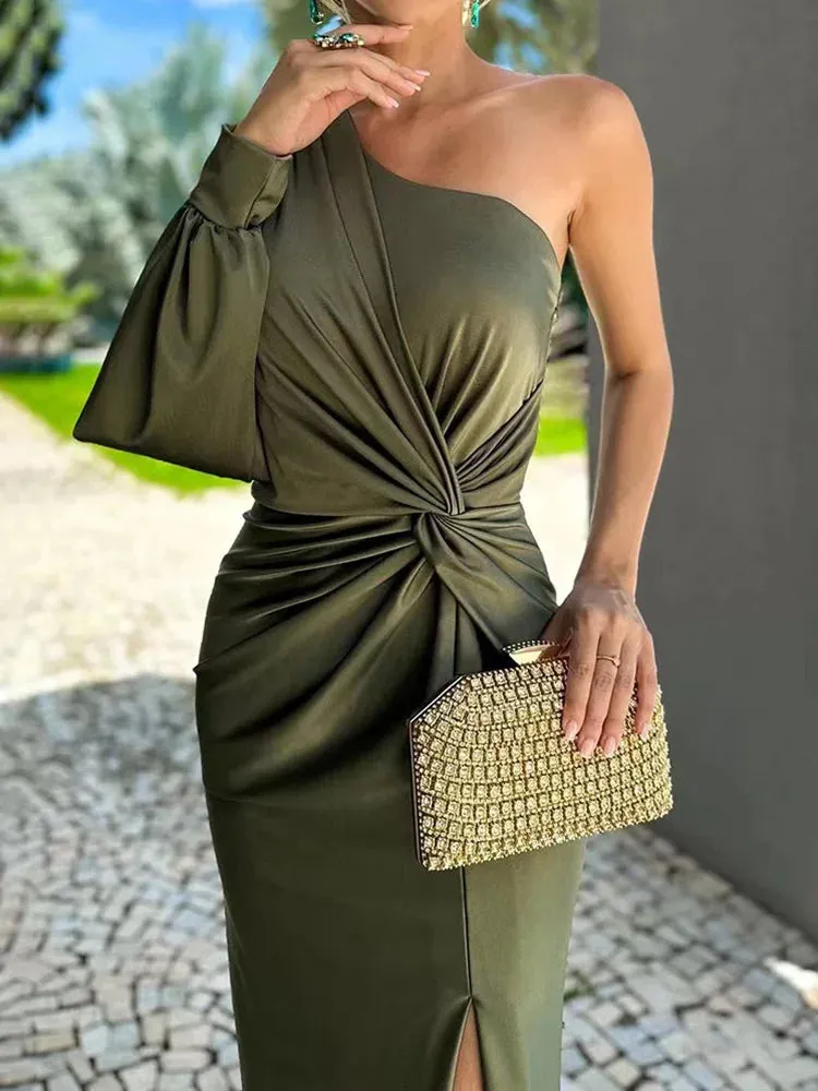 UAKISS  -  One Shoulder Draped Patchwork Party Dress, Women Spring Autumn Long Sleeve Maxi Dress, Simple Skew Collar Fashion Ladies Dress
