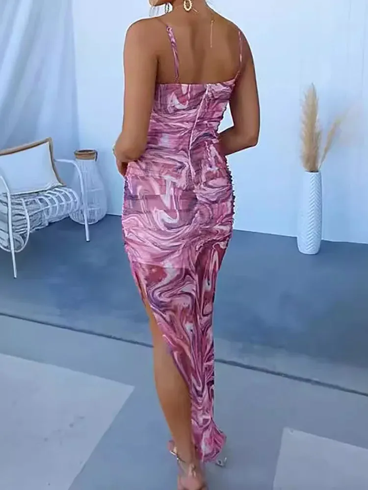 UAKISS  -  Printing Patchwork Spaghetti Strap Party Dress, Women Summer Sleeveless Elegant Maxi Dress, V-Neck Backless Ladies Sheath Dress