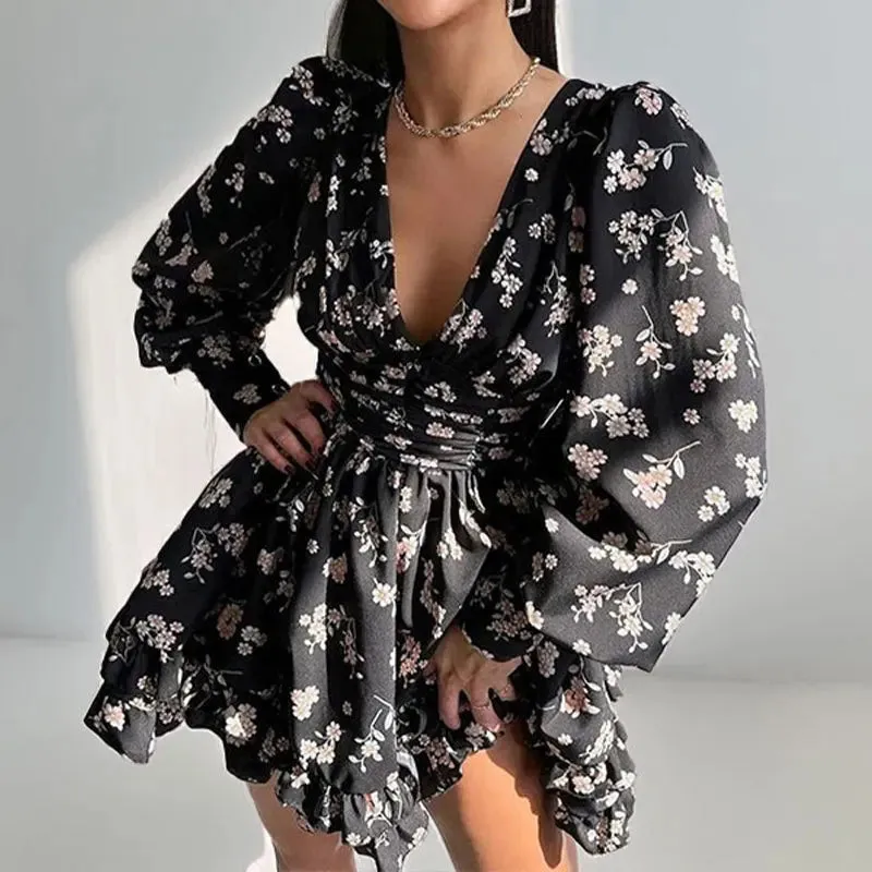 UAKISS  -  Sexy Ladies Deep V Floral Print Short Dress New Lantern Sleeve High Waist Party Dress Fashion Ruffle Edge Pleated Mini Dresses