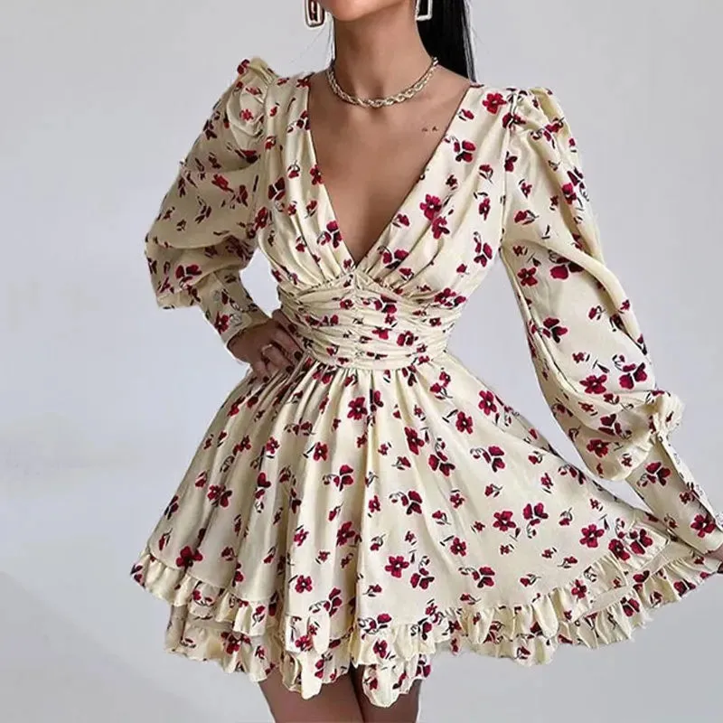 UAKISS  -  Sexy Ladies Deep V Floral Print Short Dress New Lantern Sleeve High Waist Party Dress Fashion Ruffle Edge Pleated Mini Dresses