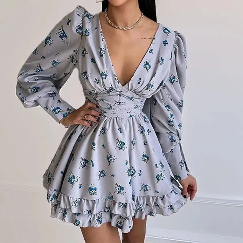 UAKISS  -  Sexy Ladies Deep V Floral Print Short Dress New Lantern Sleeve High Waist Party Dress Fashion Ruffle Edge Pleated Mini Dresses