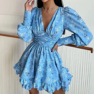 UAKISS  -  Sexy Ladies Deep V Floral Print Short Dress New Lantern Sleeve High Waist Party Dress Fashion Ruffle Edge Pleated Mini Dresses