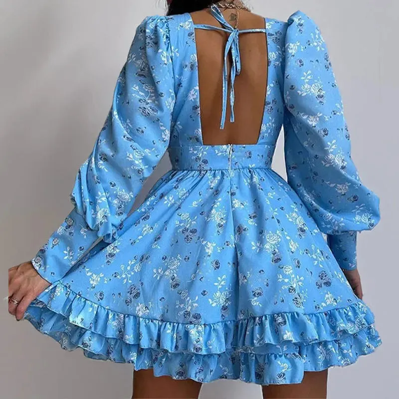 UAKISS  -  Sexy Ladies Deep V Floral Print Short Dress New Lantern Sleeve High Waist Party Dress Fashion Ruffle Edge Pleated Mini Dresses