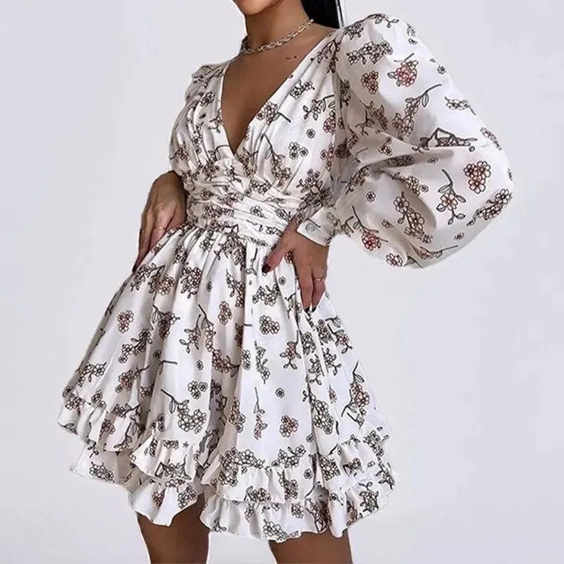 UAKISS  -  Sexy Ladies Deep V Floral Print Short Dress New Lantern Sleeve High Waist Party Dress Fashion Ruffle Edge Pleated Mini Dresses