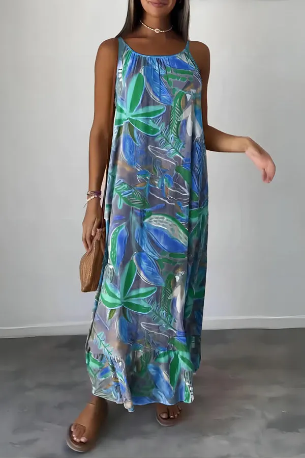 Unique Botanical Print Casual Loose Strappy Maxi Dress