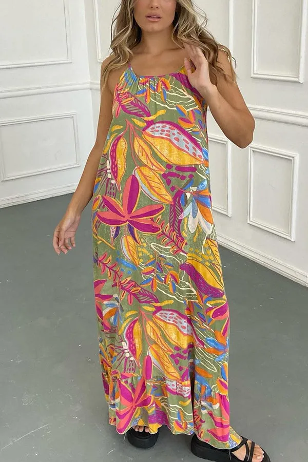 Unique Botanical Print Casual Loose Strappy Maxi Dress