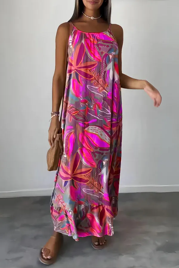 Unique Botanical Print Casual Loose Strappy Maxi Dress