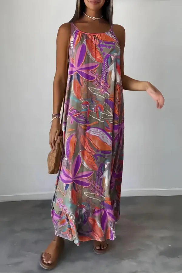Unique Botanical Print Casual Loose Strappy Maxi Dress