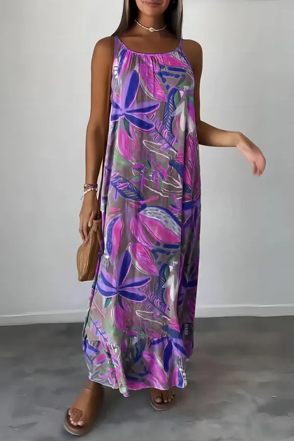 Unique Botanical Print Casual Loose Strappy Maxi Dress