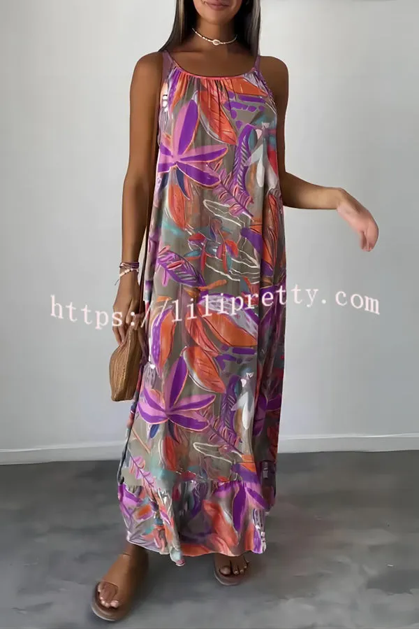 Unique Botanical Print Casual Loose Strappy Maxi Dress