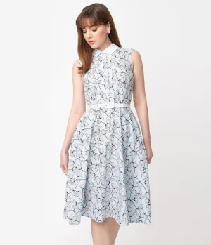 Unique Vintage 1940s Light Blue & White Floral Sleeveless Darlene Dress