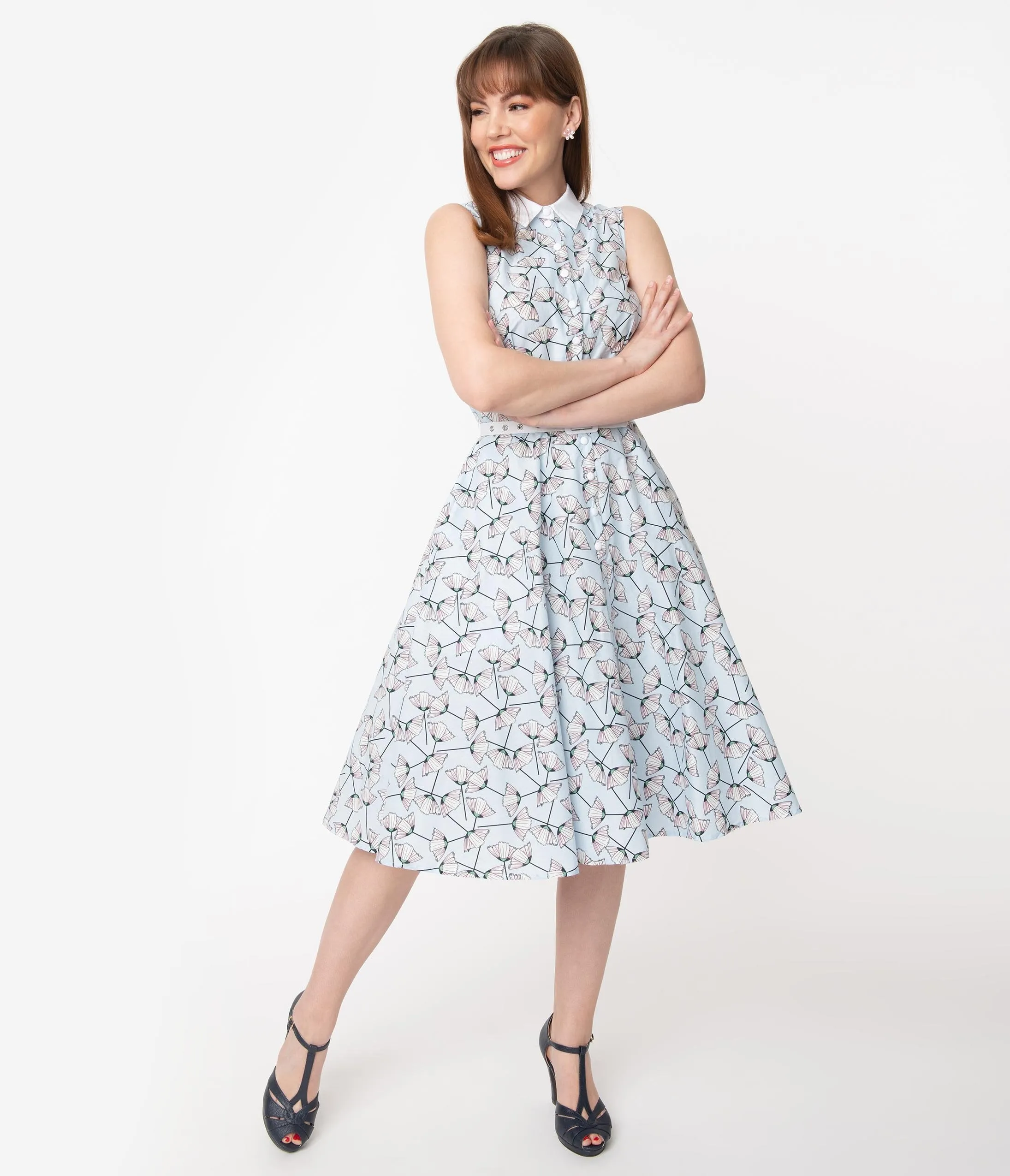 Unique Vintage 1940s Light Blue & White Floral Sleeveless Darlene Dress