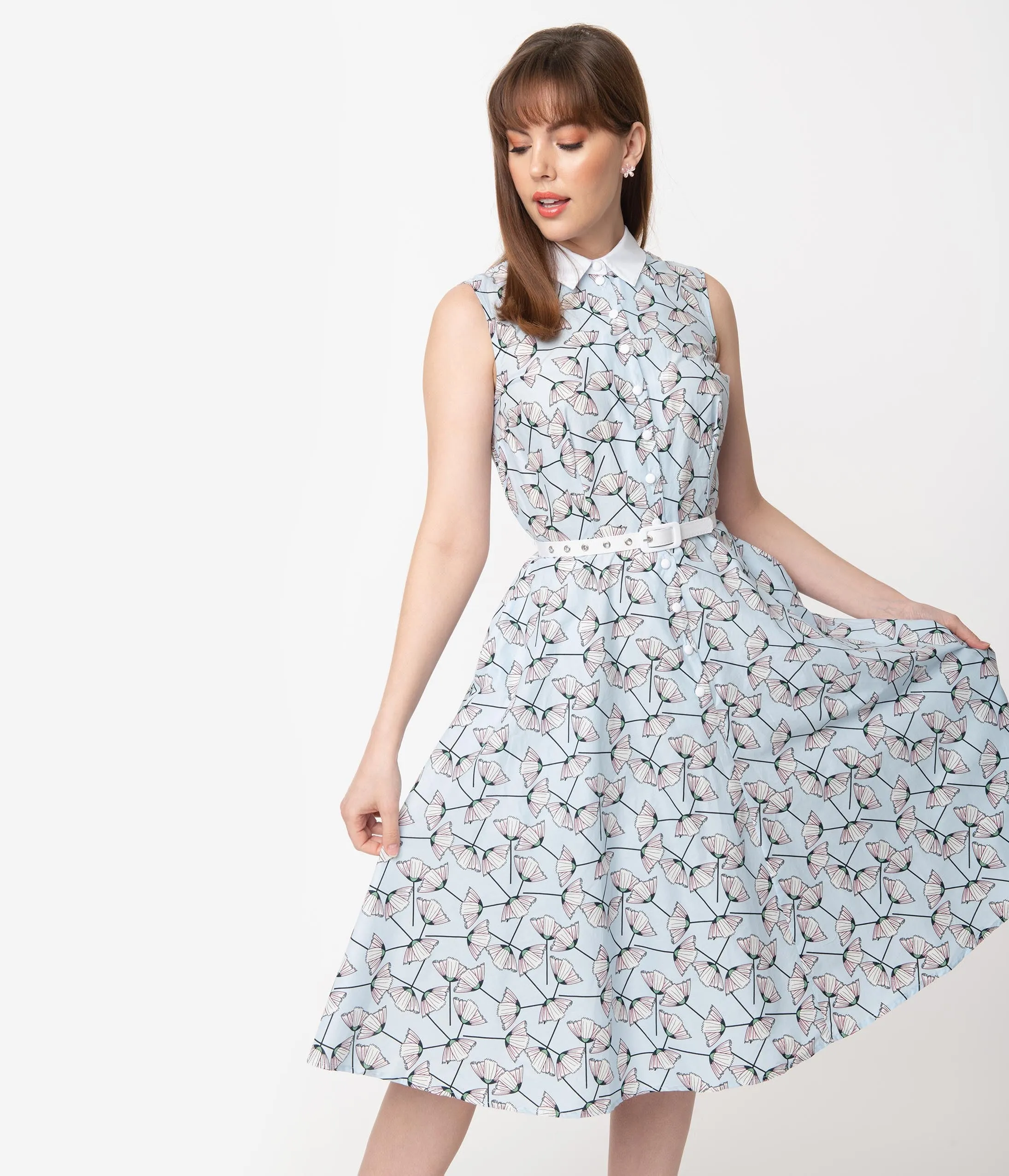 Unique Vintage 1940s Light Blue & White Floral Sleeveless Darlene Dress