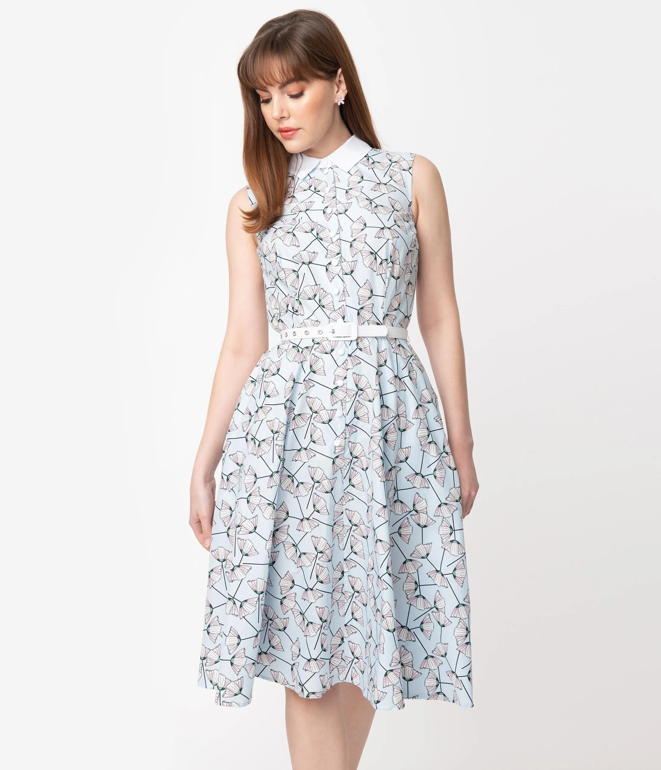 Unique Vintage 1940s Light Blue & White Floral Sleeveless Darlene Dress