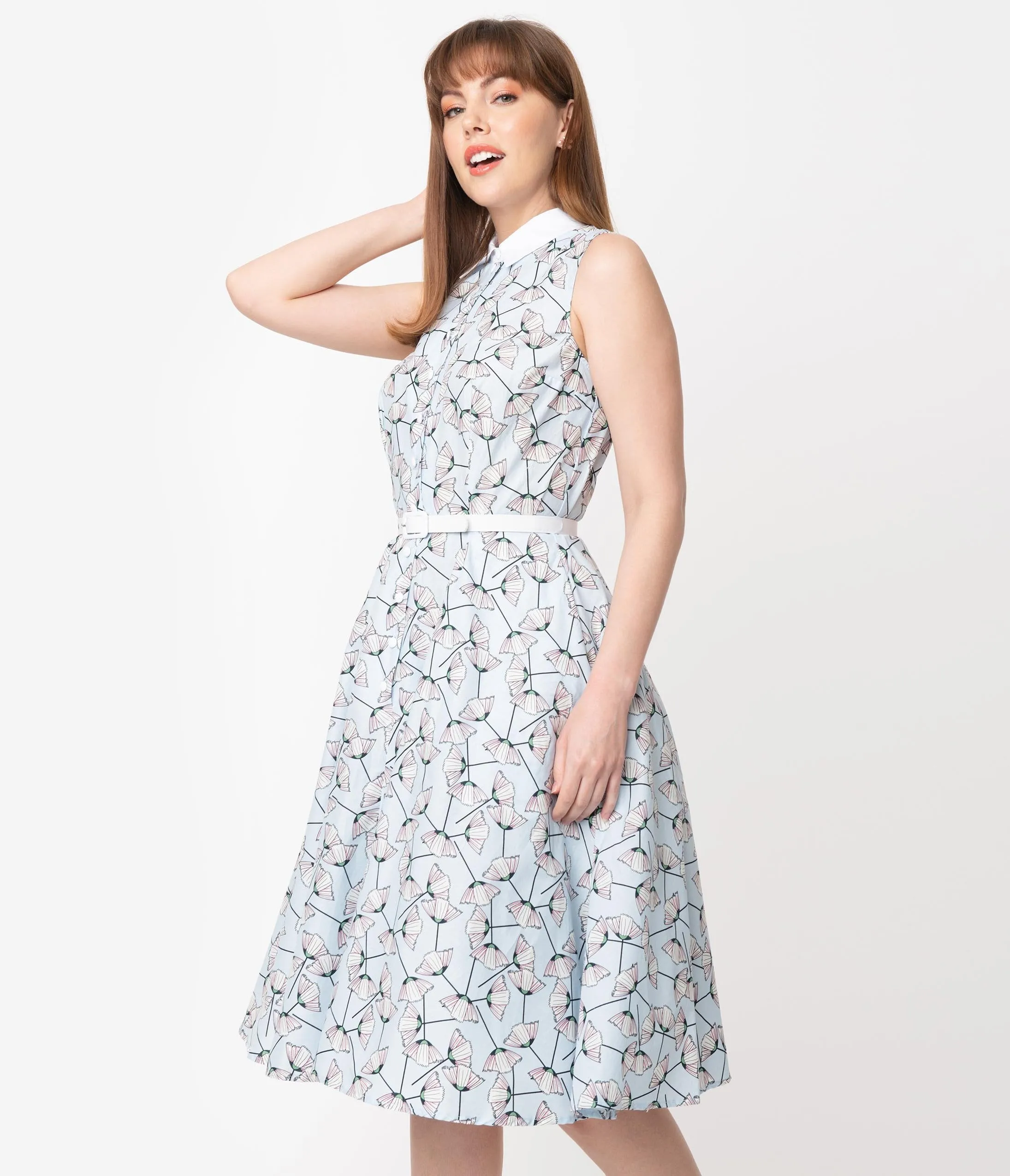 Unique Vintage 1940s Light Blue & White Floral Sleeveless Darlene Dress