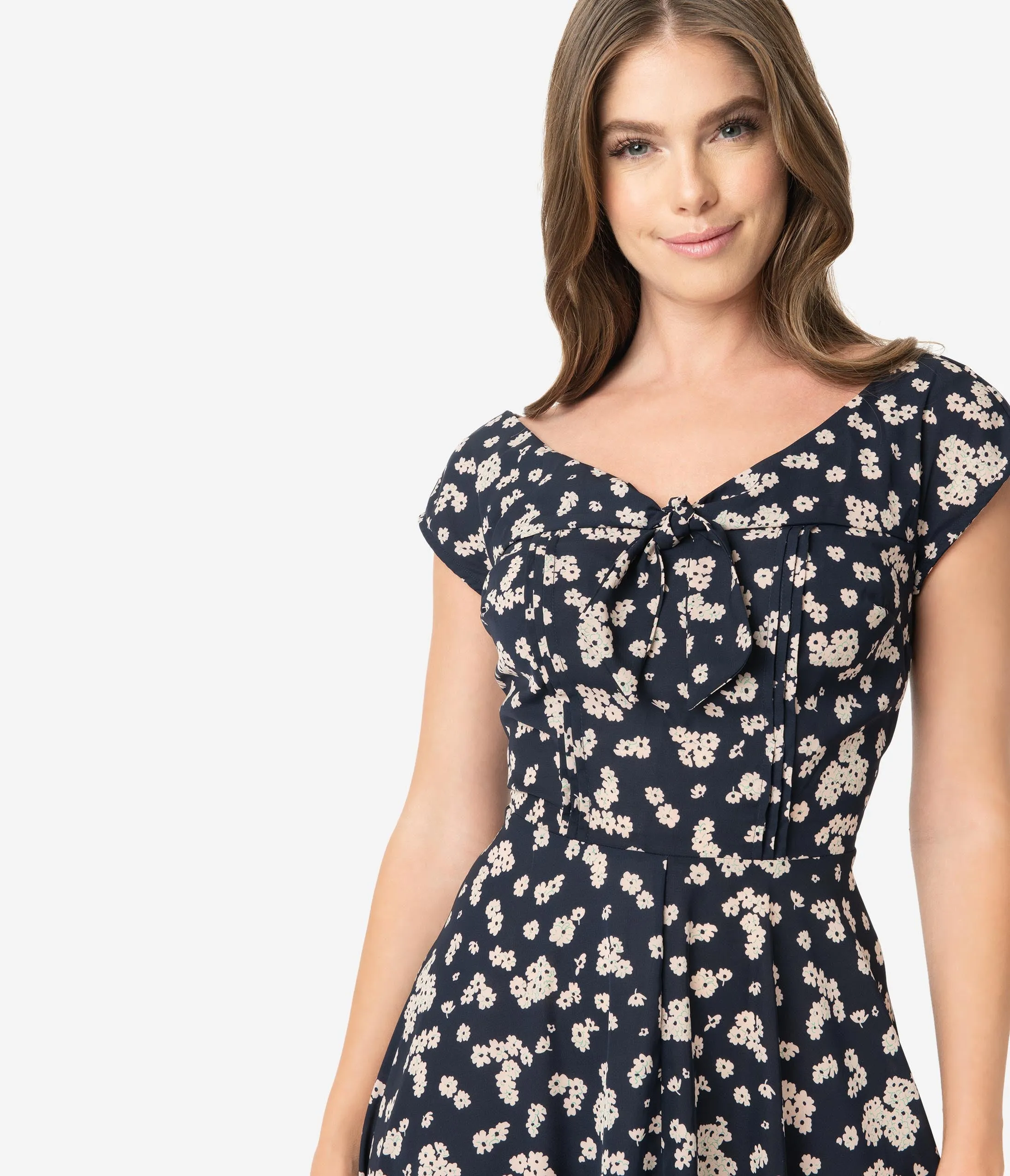 Unique Vintage 1940s Style Navy & Pink Floral Print Havilland Dress