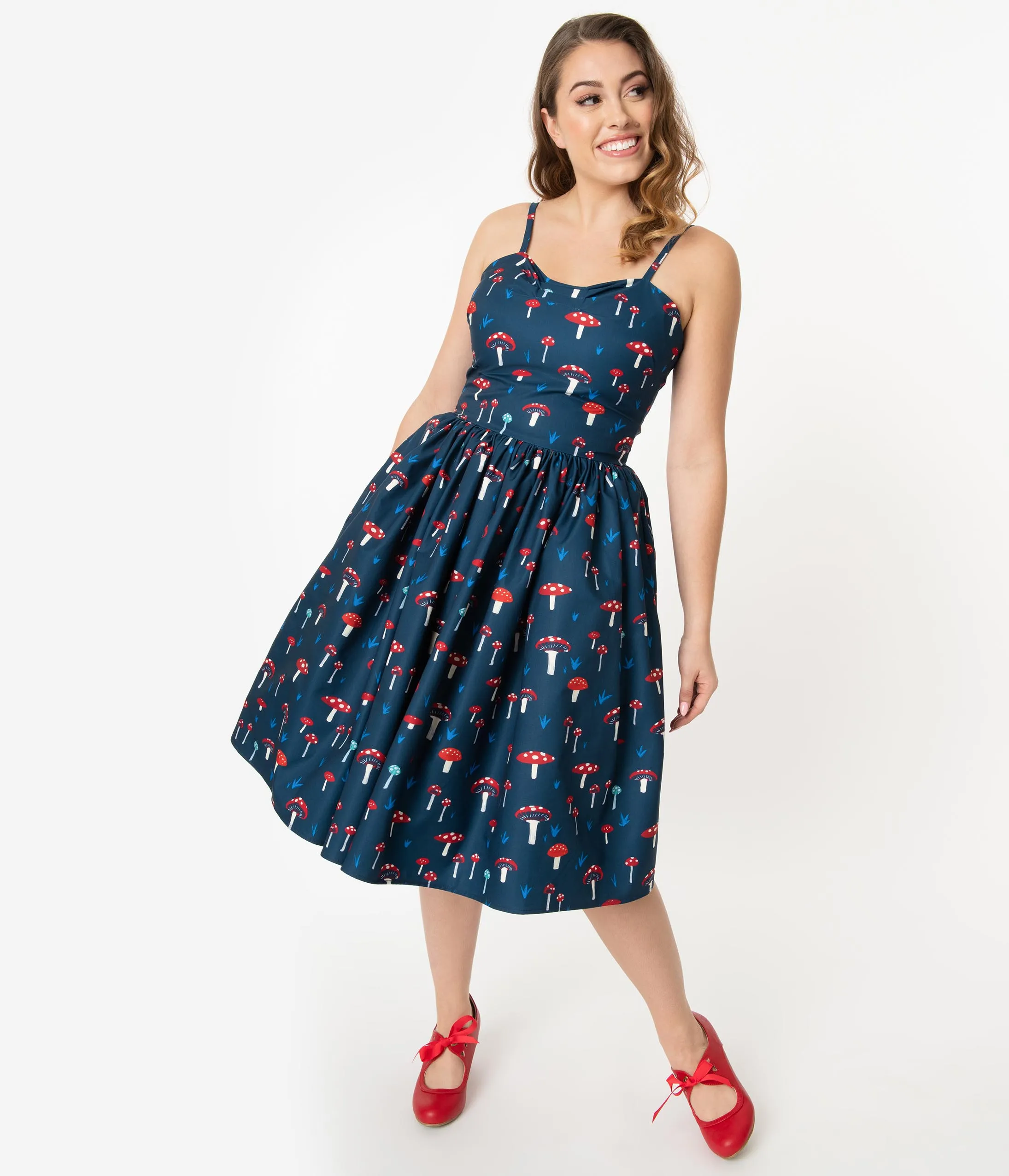 Unique Vintage 1950s Navy Mushroom Print Darcy Swing Dress