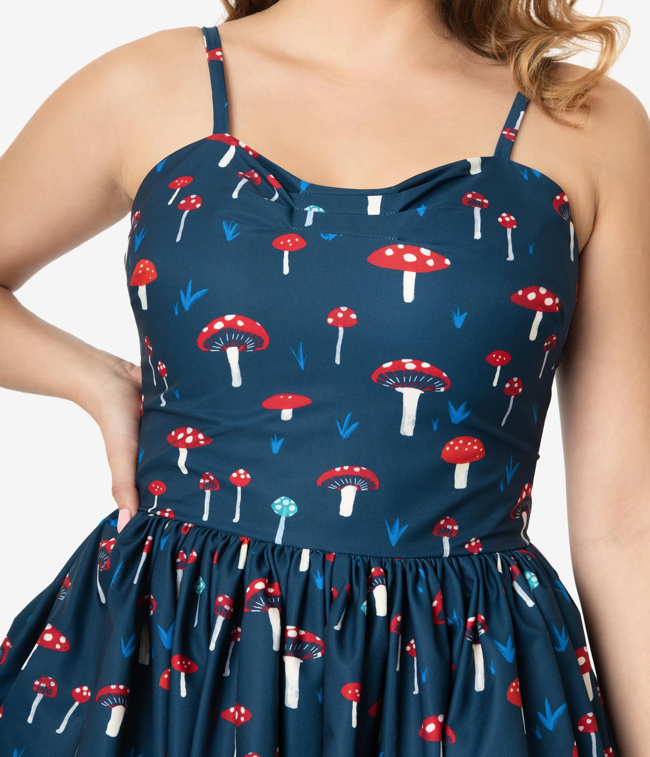 Unique Vintage 1950s Navy Mushroom Print Darcy Swing Dress