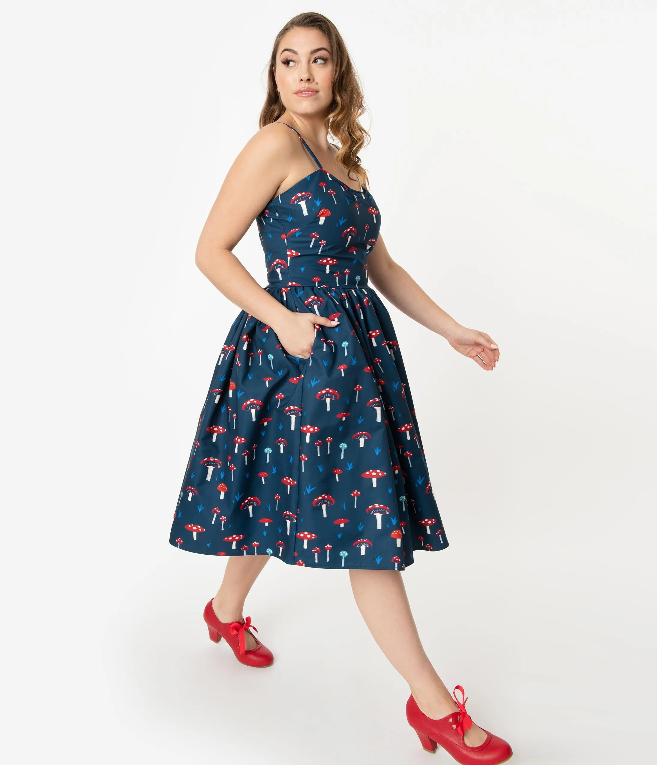 Unique Vintage 1950s Navy Mushroom Print Darcy Swing Dress