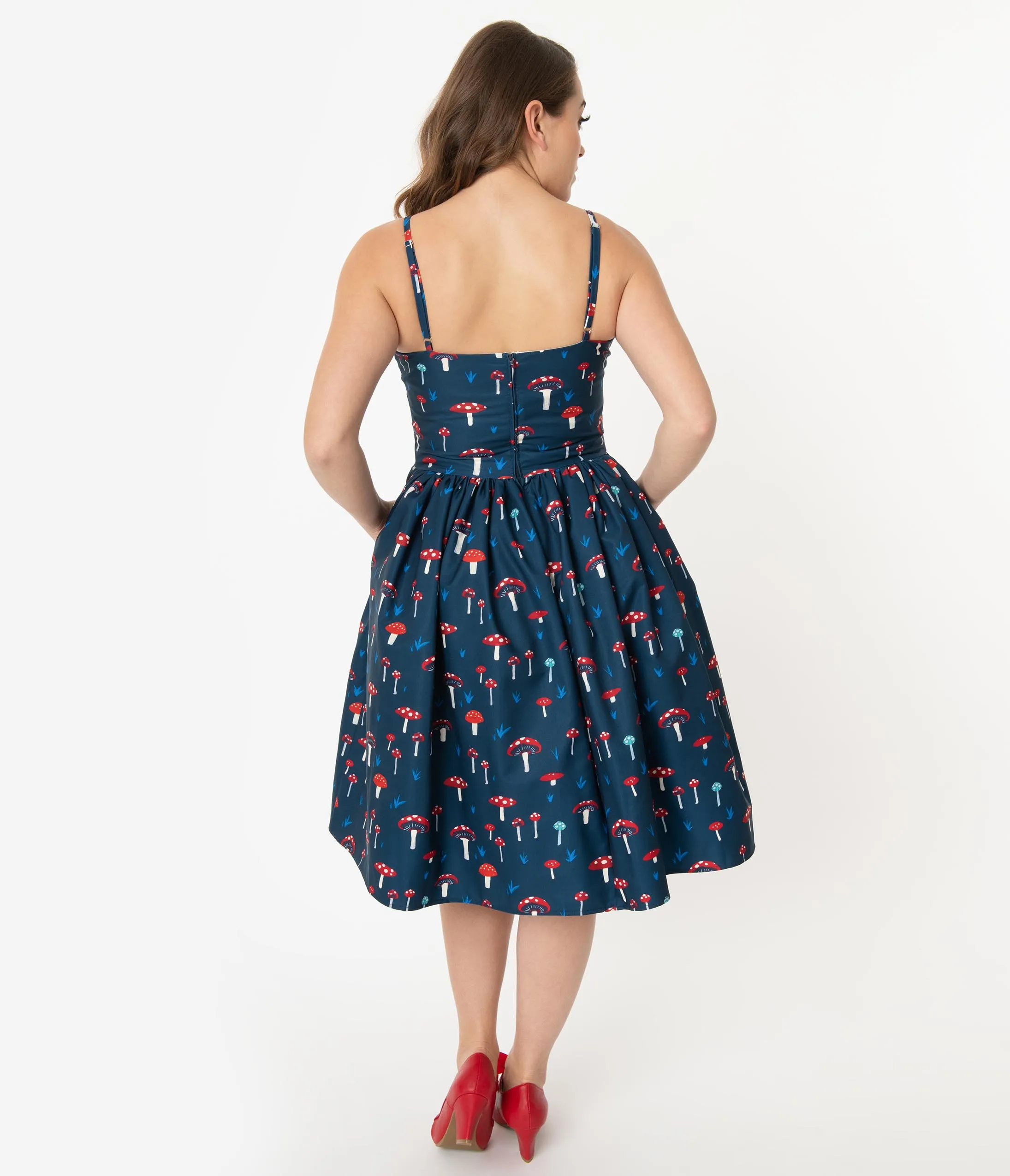 Unique Vintage 1950s Navy Mushroom Print Darcy Swing Dress