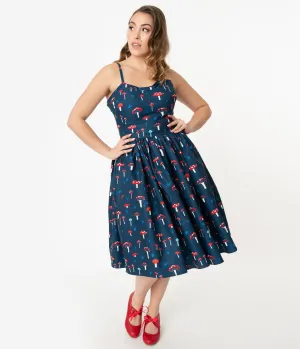 Unique Vintage 1950s Navy Mushroom Print Darcy Swing Dress