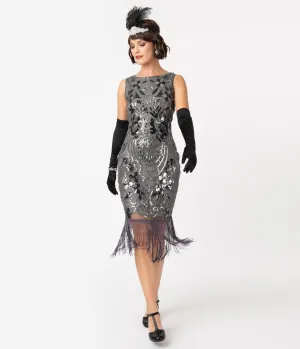 Unique Vintage Charcoal Grey Sequin Alix Fringe Flapper Dress