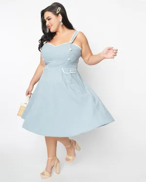 Unique Vintage Dusty Blue Daisy Pinafore Swing Dress | Blue