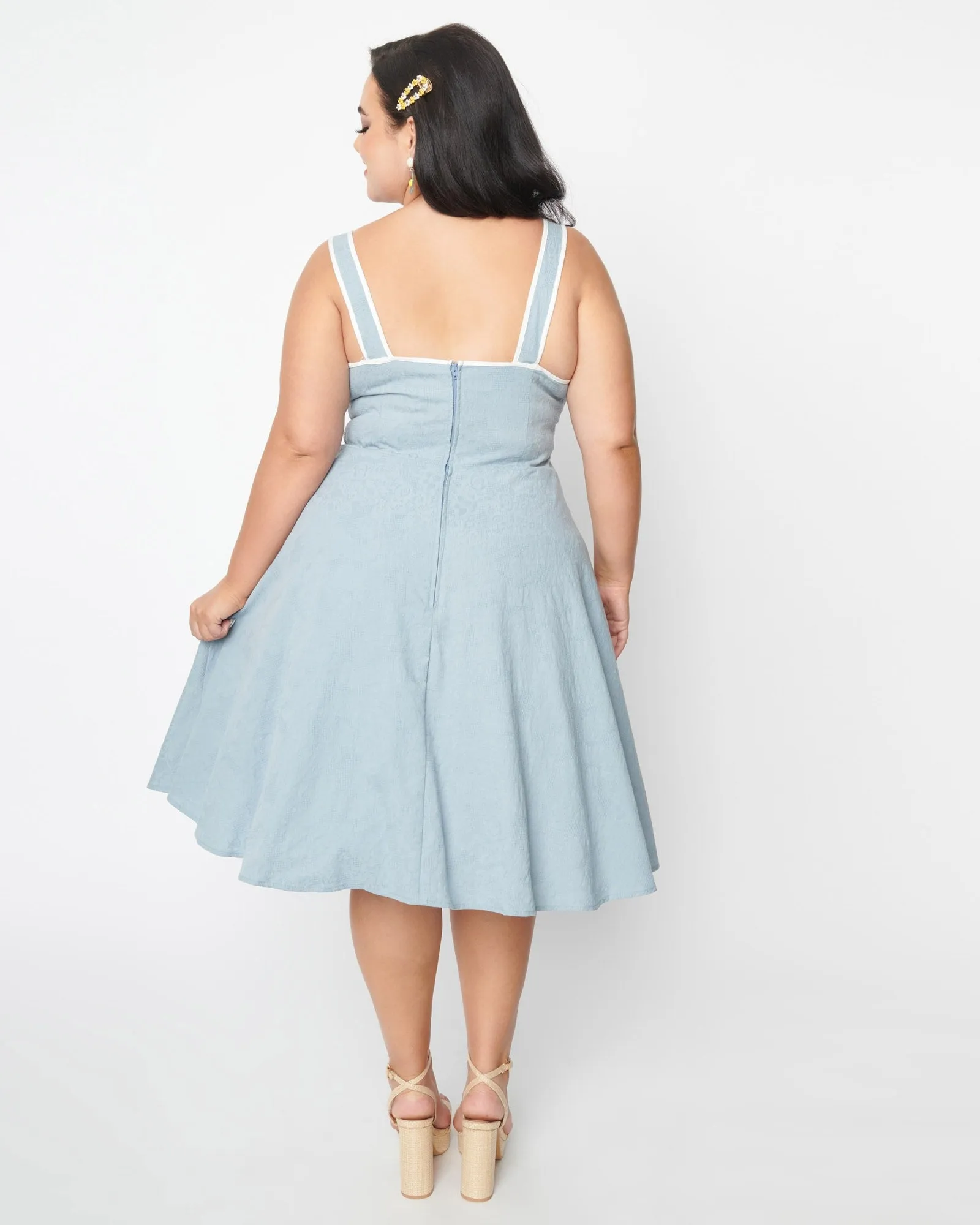 Unique Vintage Dusty Blue Daisy Pinafore Swing Dress | Blue