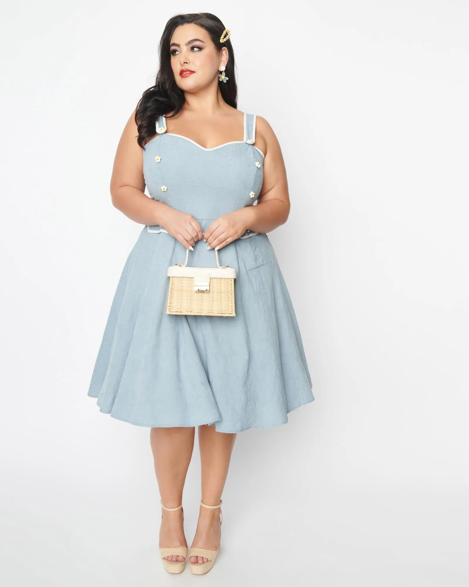 Unique Vintage Dusty Blue Daisy Pinafore Swing Dress | Blue