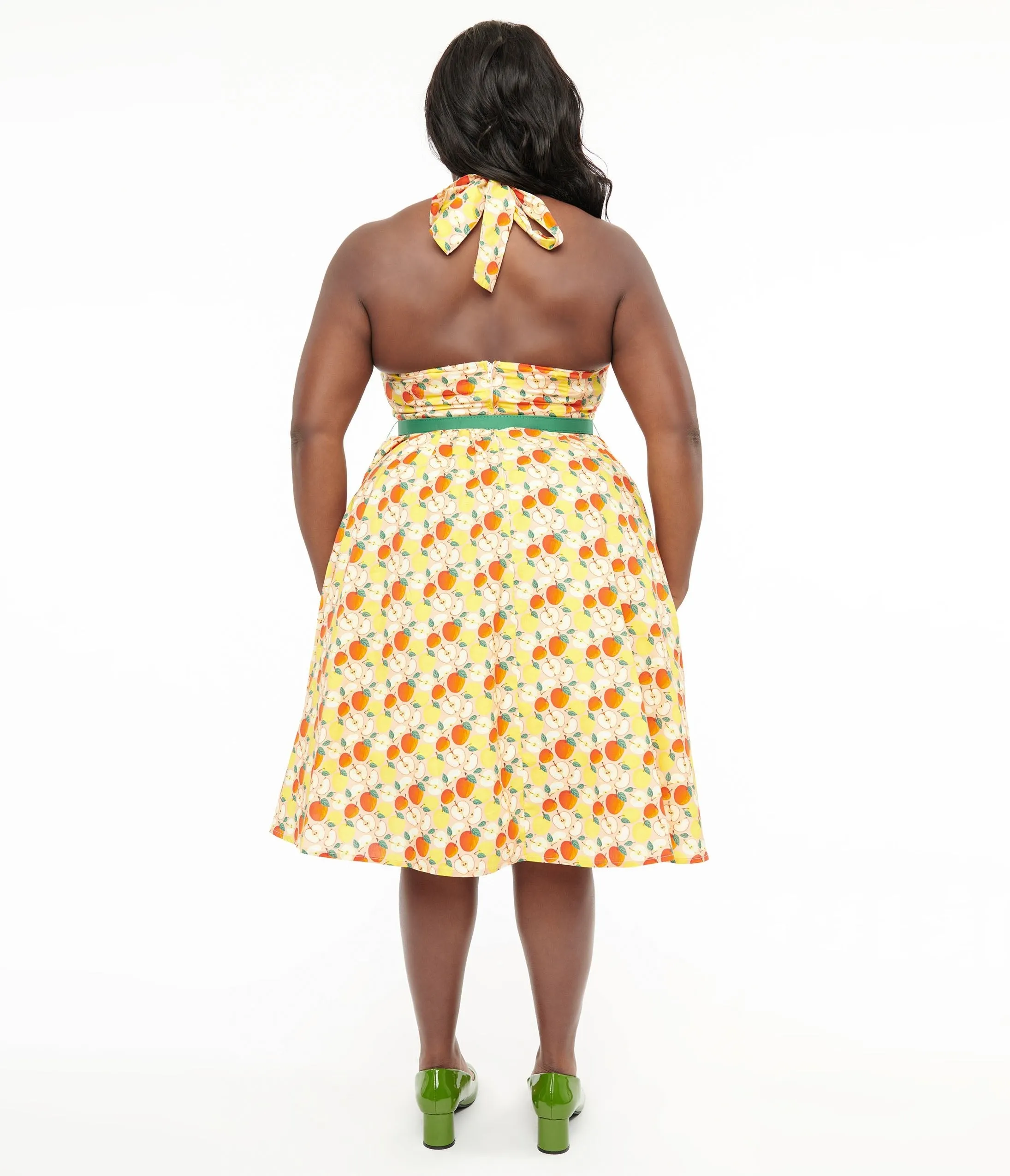 Unique Vintage Plus Size 1950s Yellow & Red Apple Print Cotton Halter Swing Dress