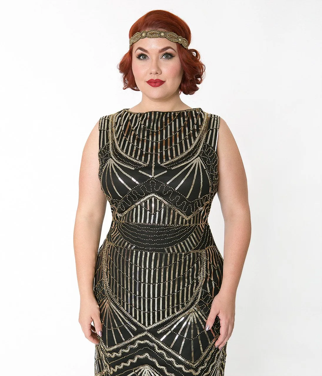 Unique Vintage Plus Size Black & Gold Sequin Therese Long Flapper Dress