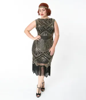 Unique Vintage Plus Size Black & Gold Sequin Therese Long Flapper Dress
