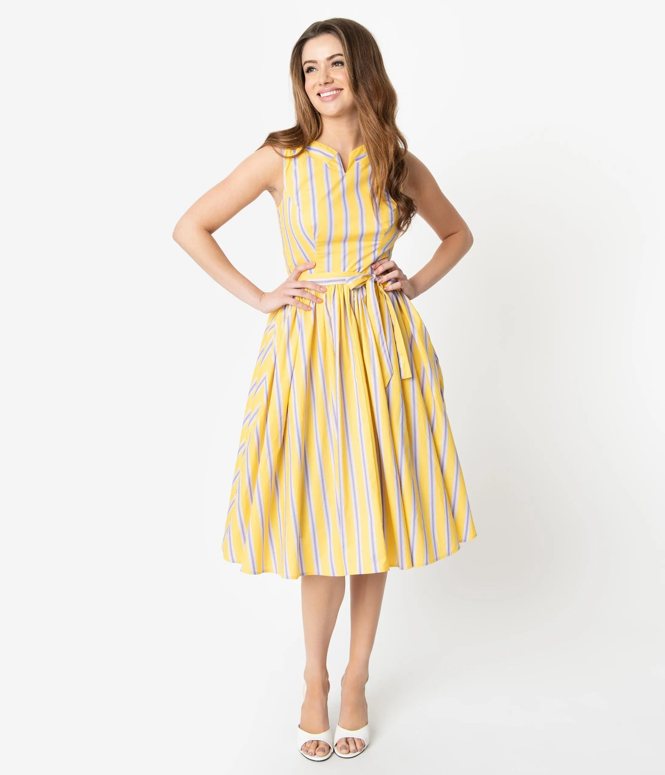 Unique Vintage Yellow & Purple Stripe Sleeveless Indy Sundress