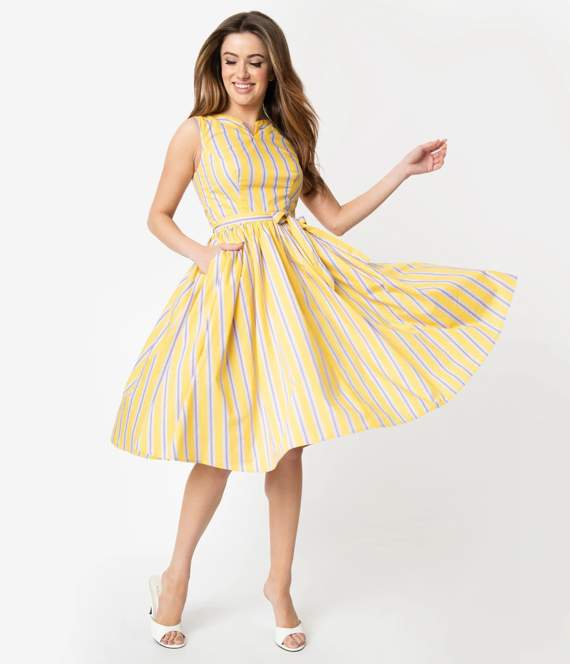 Unique Vintage Yellow & Purple Stripe Sleeveless Indy Sundress